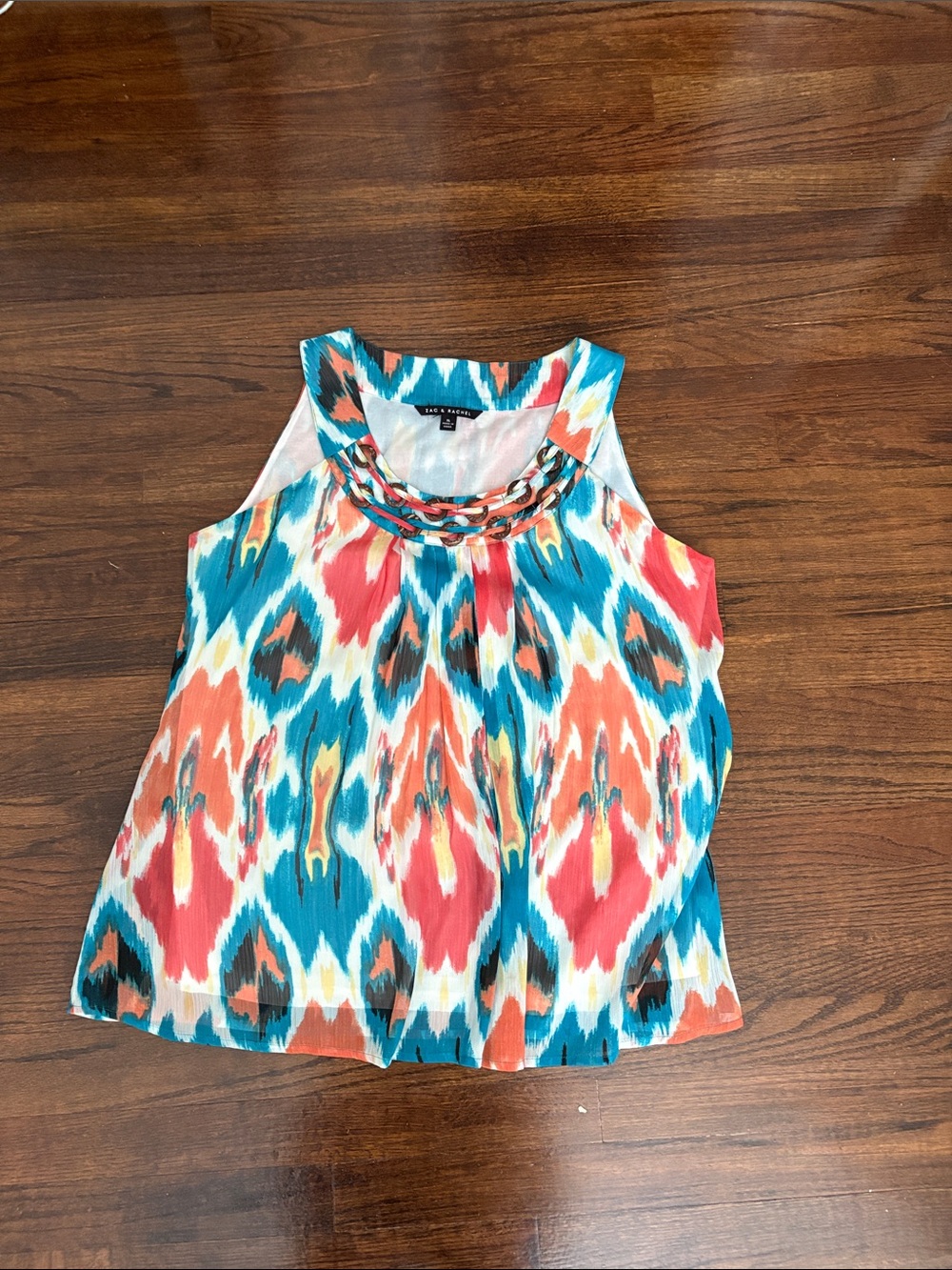 Zac & Rachel Teal Coral White Ikat Chain-Neck Tank